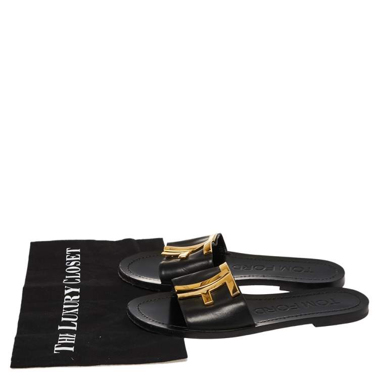 Pre Owned Tom Ford Black Leather TF Flat Slides Size 38