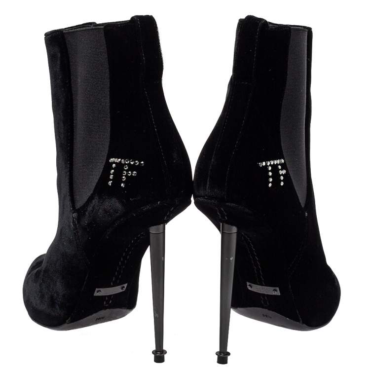 Pre Owned Tom Ford Black Suede Crystal Embellished Ankle Boots Size 38.5