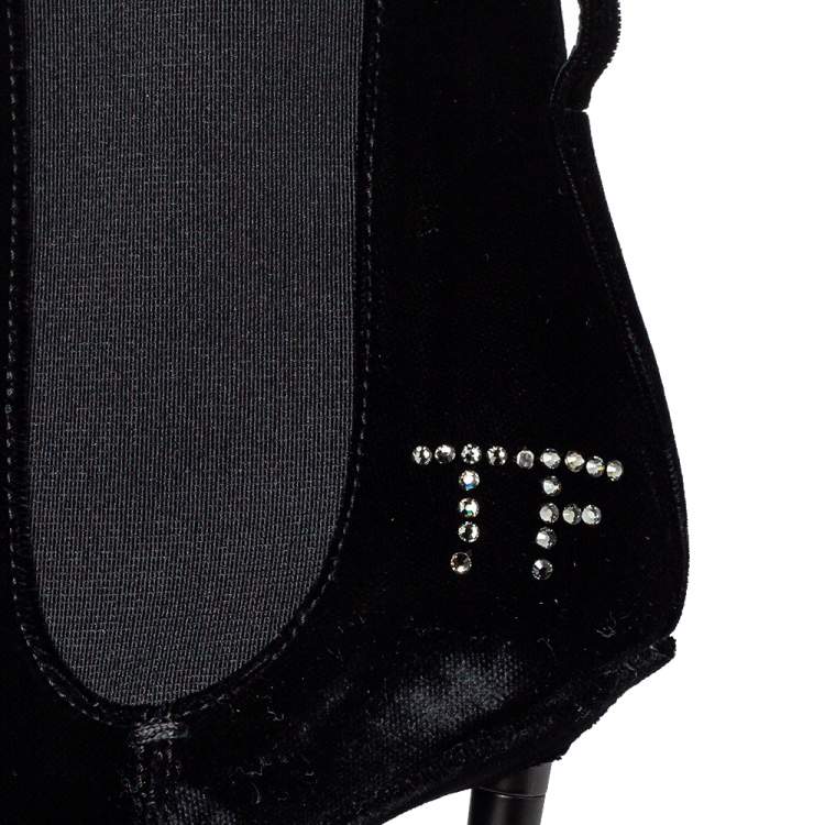 Pre Owned Tom Ford Black Suede Crystal Embellished Ankle Boots Size 38.5