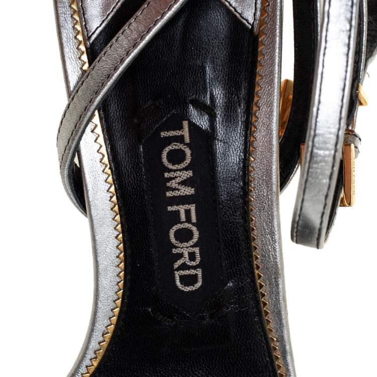 Pre Owned Tom Ford Metallic Silver Leather Padlock Ankle Strap Sandals Size 39