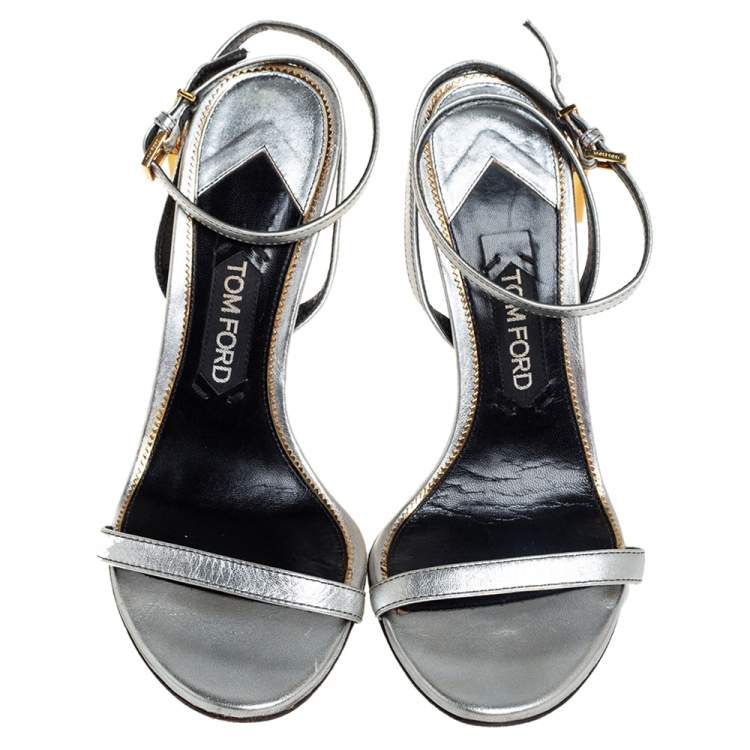 Pre Owned Tom Ford Metallic Silver Leather Padlock Ankle Strap Sandals Size 39