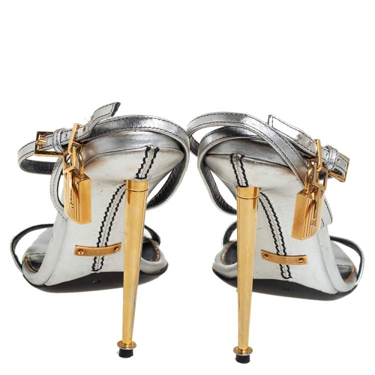 Pre Owned Tom Ford Metallic Silver Leather Padlock Ankle Strap Sandals Size 39