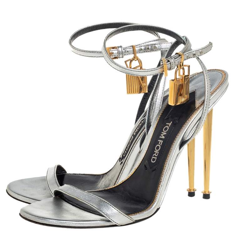 Pre Owned Tom Ford Metallic Silver Leather Padlock Ankle Strap Sandals Size 39