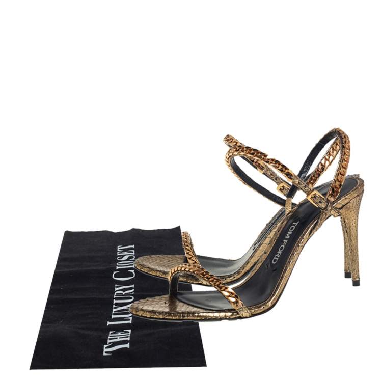Pre Owned Tom Ford Metallic Gold Python Leather Chain Embellished Slingback Sandals Size 38.5