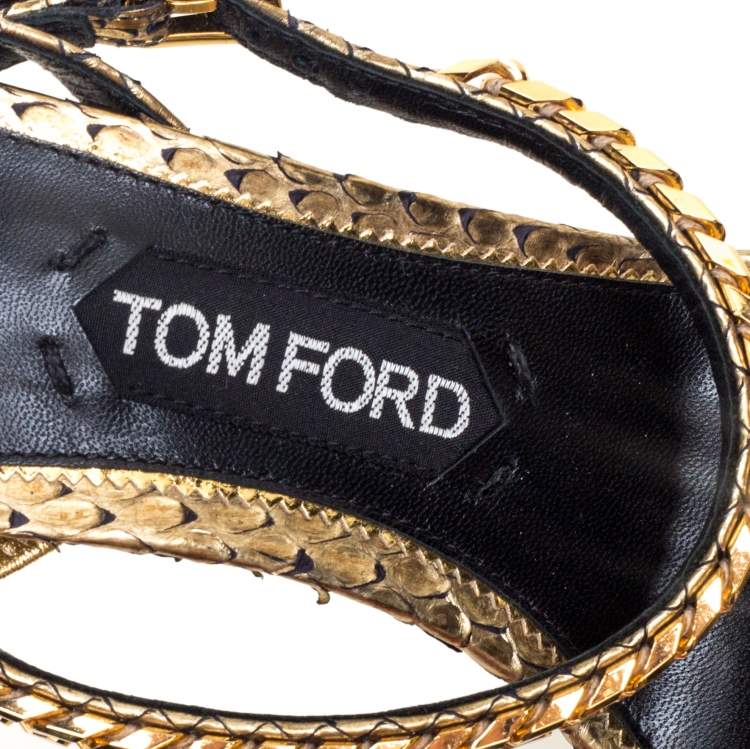 Pre Owned Tom Ford Metallic Gold Python Leather Chain Embellished Slingback Sandals Size 38.5
