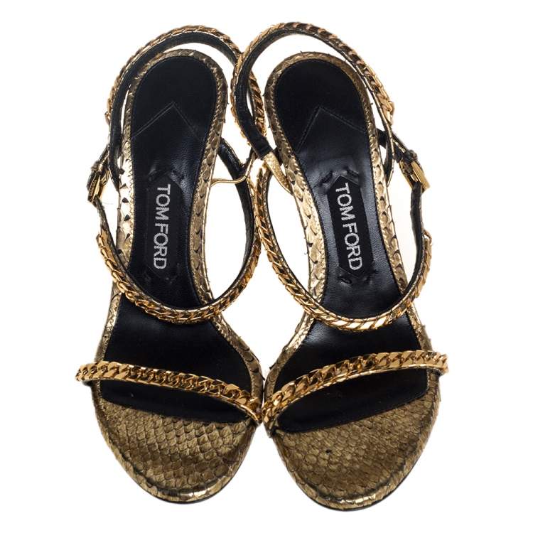 Pre Owned Tom Ford Metallic Gold Python Leather Chain Embellished Slingback Sandals Size 38.5