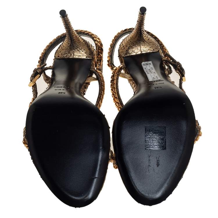 Pre Owned Tom Ford Metallic Gold Python Leather Chain Embellished Slingback Sandals Size 38.5