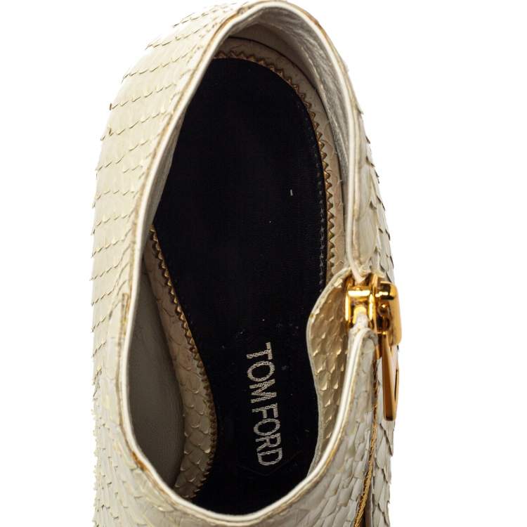 Pre Owned Tom Ford Off White Python Side Zip Peep Toe Booties Size 37