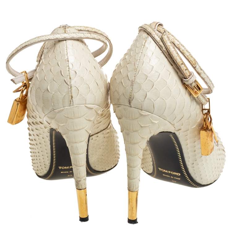 Pre Owned Tom Ford Off White Python Padlock Ankle Strap Pumps Size 39