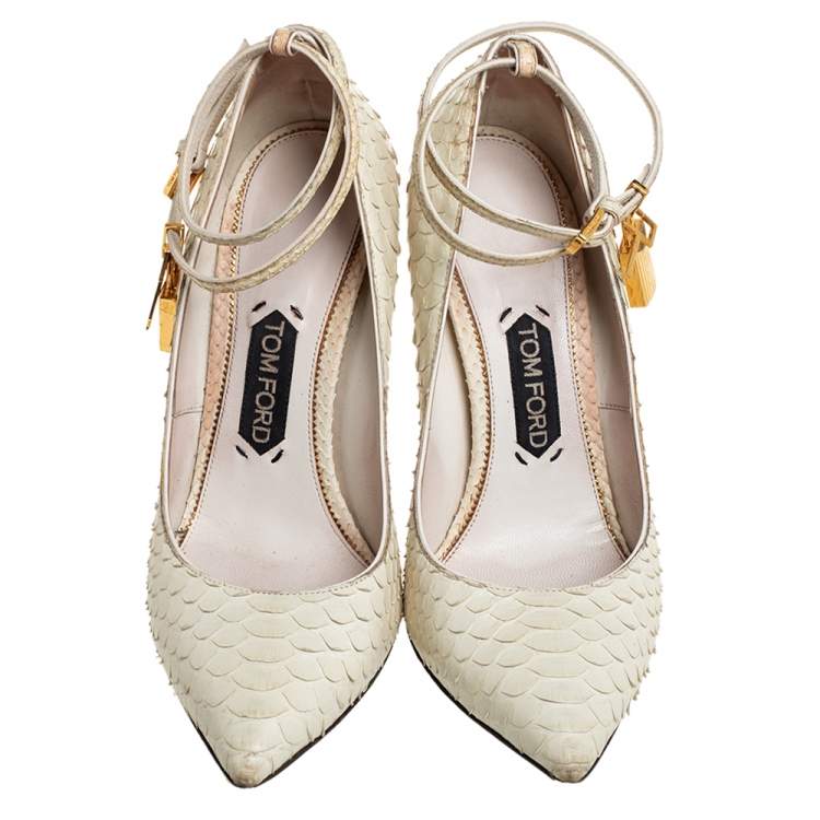 Pre Owned Tom Ford Off White Python Padlock Ankle Strap Pumps Size 39