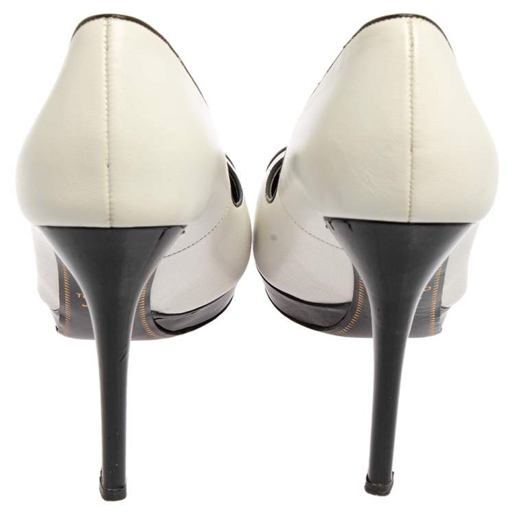 Pre Owned Tom Ford White/Black Patent Leather And Leather Cap Toe Pointed Toe Pumps Size 39.5