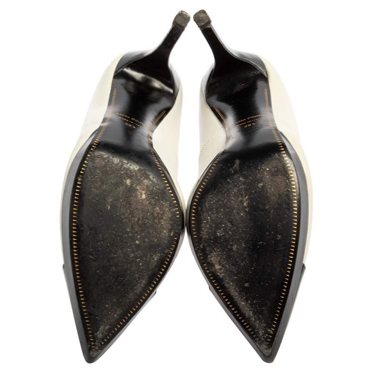 Pre Owned Tom Ford White/Black Patent Leather And Leather Cap Toe Pointed Toe Pumps Size 39.5