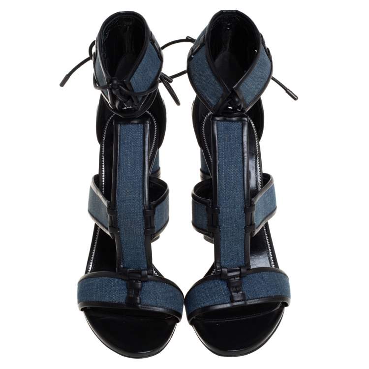 Pre Owned Tom Ford Blue Denim And Leather Cage Ankle Wrap Sandals Size 40