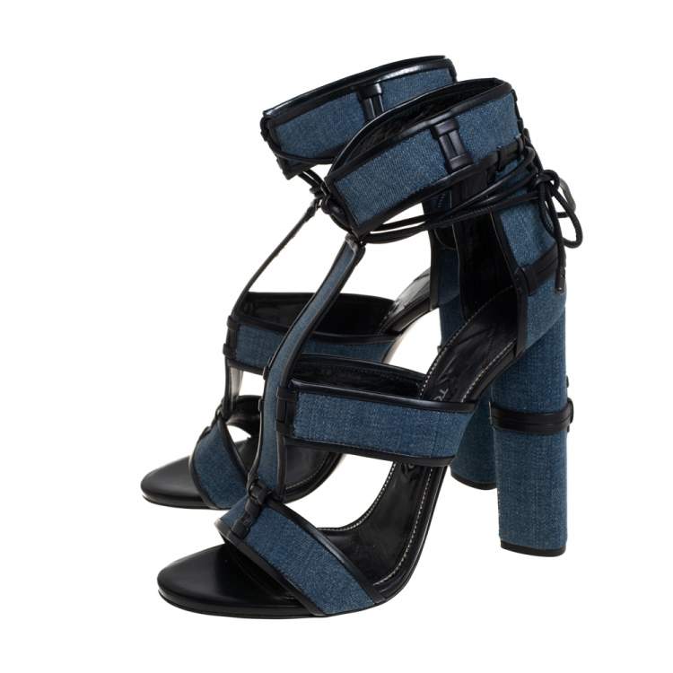 Pre Owned Tom Ford Blue Denim And Leather Cage Ankle Wrap Sandals Size 40