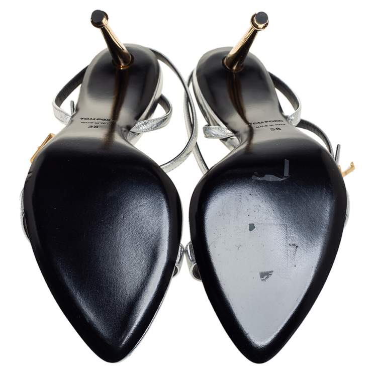 Pre Owned Tom Ford Silver Leather Lock Ankle Strap Sandals Size 38