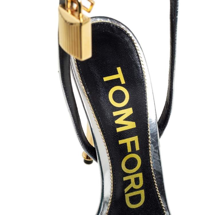 Pre Owned Tom Ford Silver Leather Lock Ankle Strap Sandals Size 38