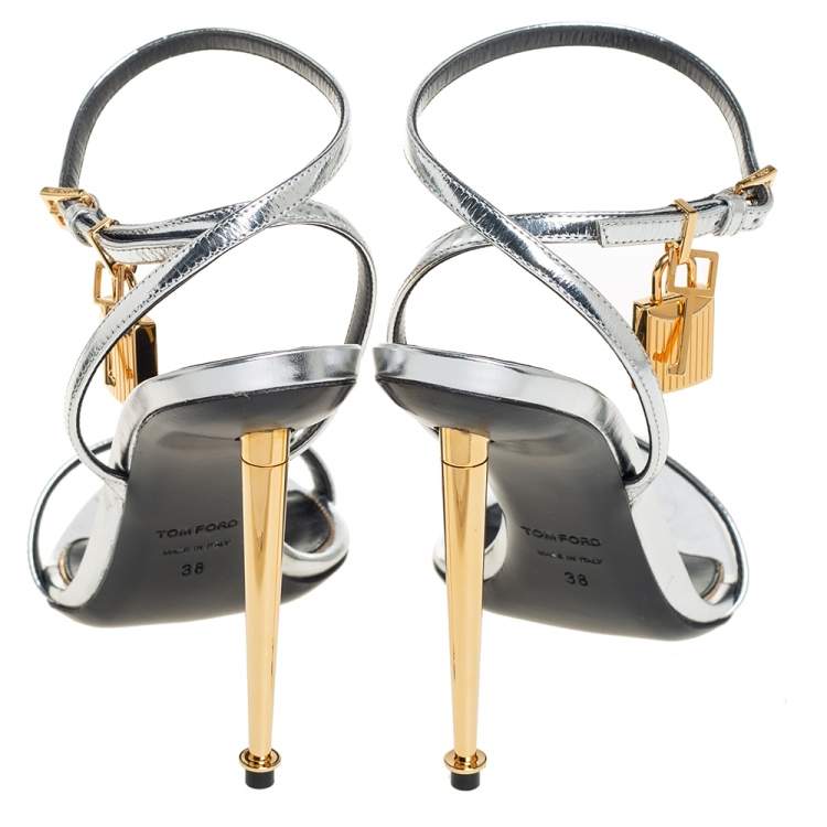 Pre Owned Tom Ford Silver Leather Lock Ankle Strap Sandals Size 38