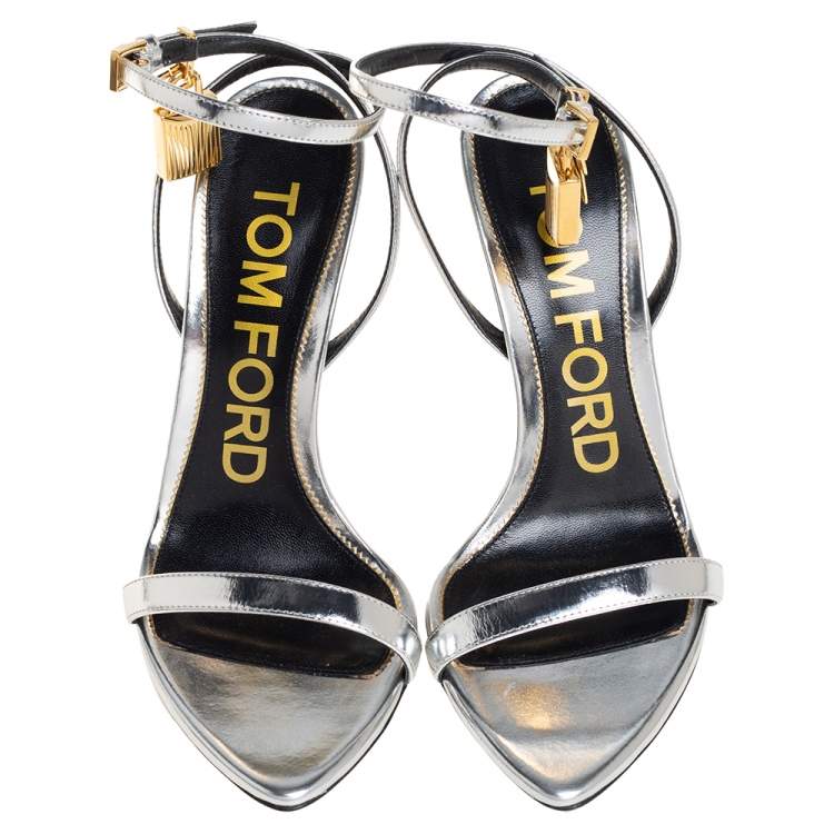 Pre Owned Tom Ford Silver Leather Lock Ankle Strap Sandals Size 38