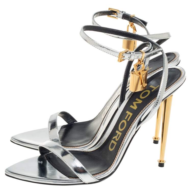 Pre Owned Tom Ford Silver Leather Lock Ankle Strap Sandals Size 38