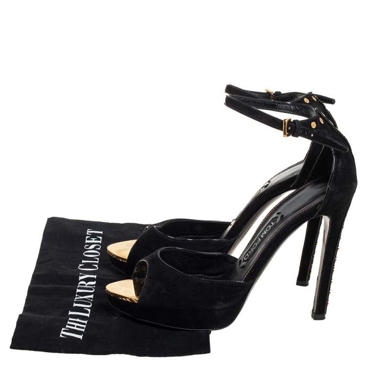 Pre Owned Tom Ford Black Suede Screw Studded Ankle Strap Sandals Size 39