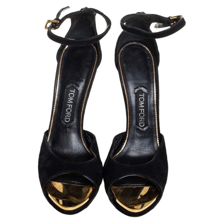 Pre Owned Tom Ford Black Suede Screw Studded Ankle Strap Sandals Size 39