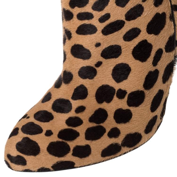 Pre Owned Tom Ford Beige/Brown Leopard Print Calf Hair Knee Length Boots Size 37