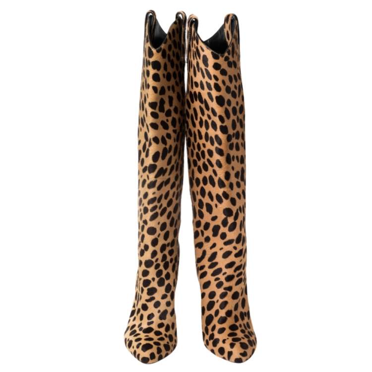 Pre Owned Tom Ford Beige/Brown Leopard Print Calf Hair Knee Length Boots Size 37