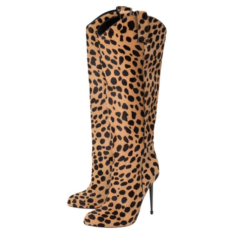 Pre Owned Tom Ford Beige/Brown Leopard Print Calf Hair Knee Length Boots Size 37