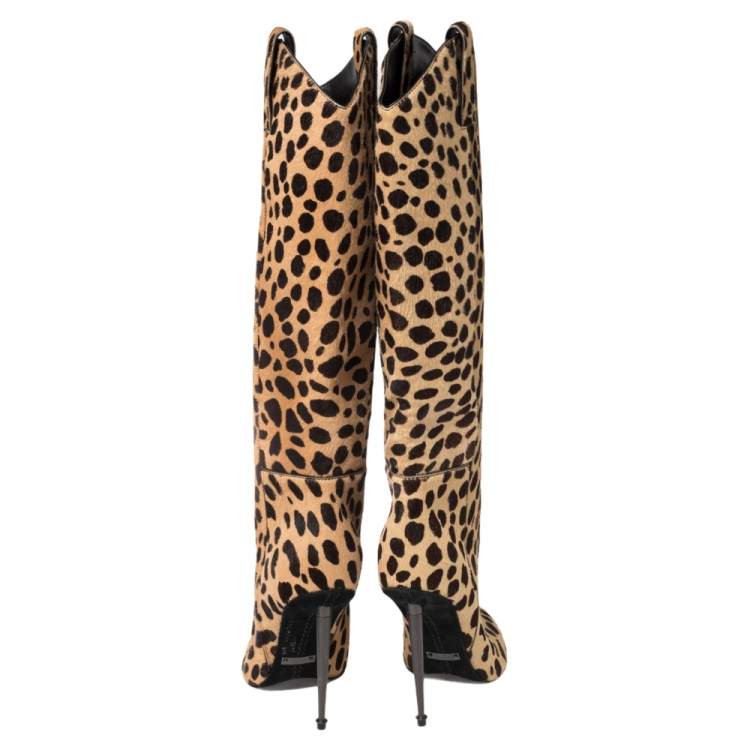 Pre Owned Tom Ford Beige/Brown Leopard Print Calf Hair Knee Length Boots Size 37