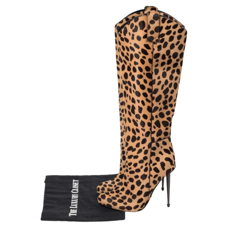 Pre Owned Tom Ford Beige/Brown Leopard Print Calf Hair Knee Length Boots Size 37