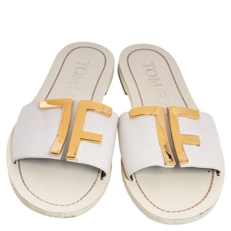 Pre Owned Tom Ford White Leather TF Slide Sandals Size 37