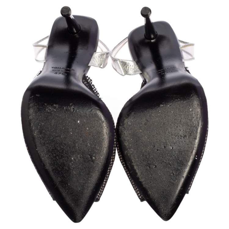 Pre Owned Tom Ford Black Mesh, Pvc and Leather Slingback Sandals Size 37.5