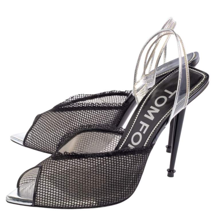 Pre Owned Tom Ford Black Mesh, Pvc and Leather Slingback Sandals Size 37.5