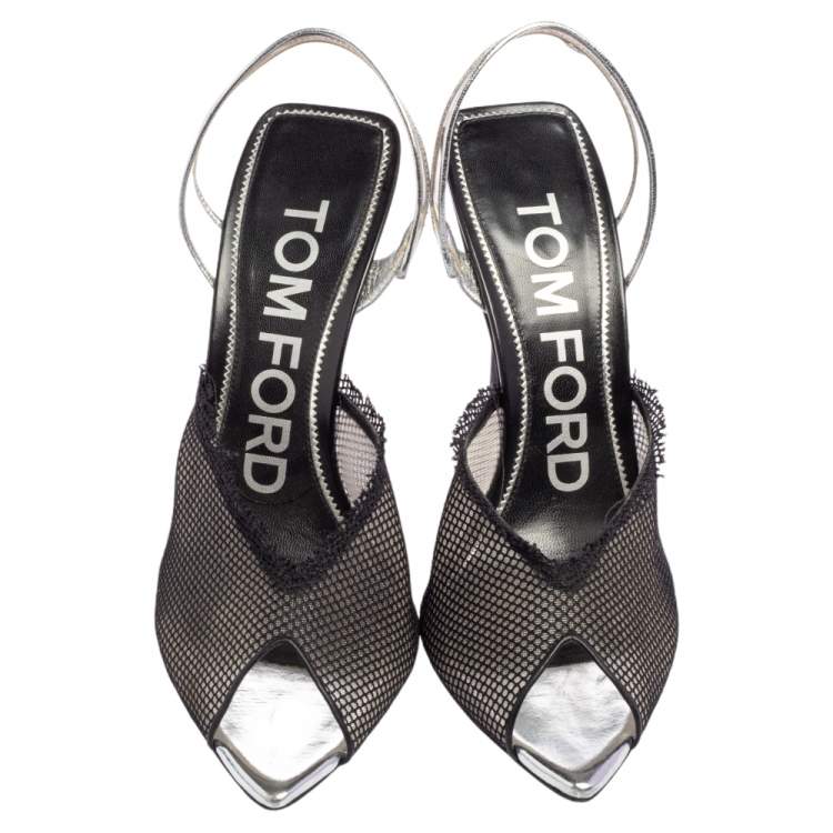 Pre Owned Tom Ford Black Mesh, Pvc and Leather Slingback Sandals Size 37.5