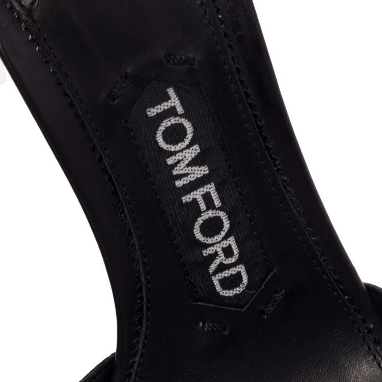 مملوكة مسبقًا Tom Ford Black Leather Chain Embellished Ankle Strap Wedge Sandals Size 36