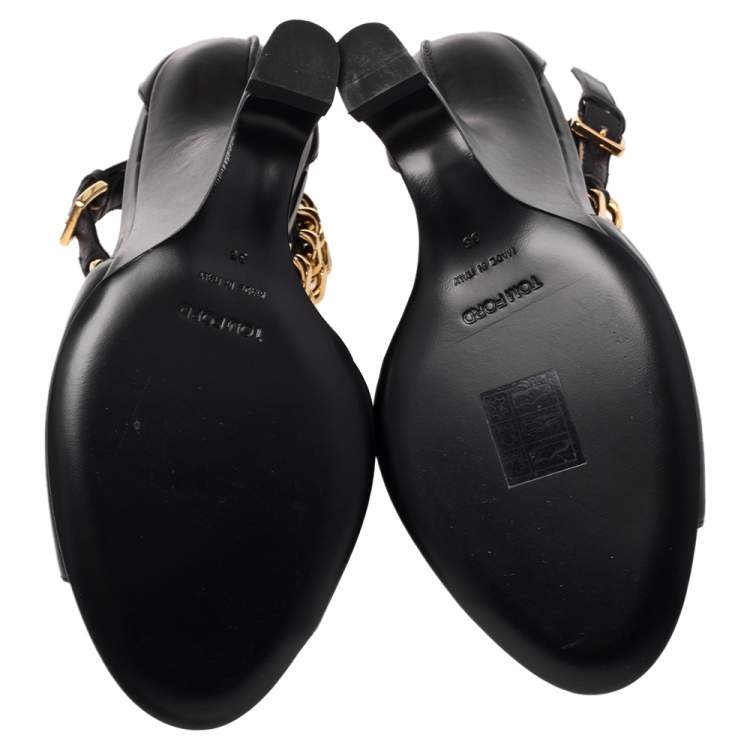 مملوكة مسبقًا Tom Ford Black Leather Chain Embellished Ankle Strap Wedge Sandals Size 36