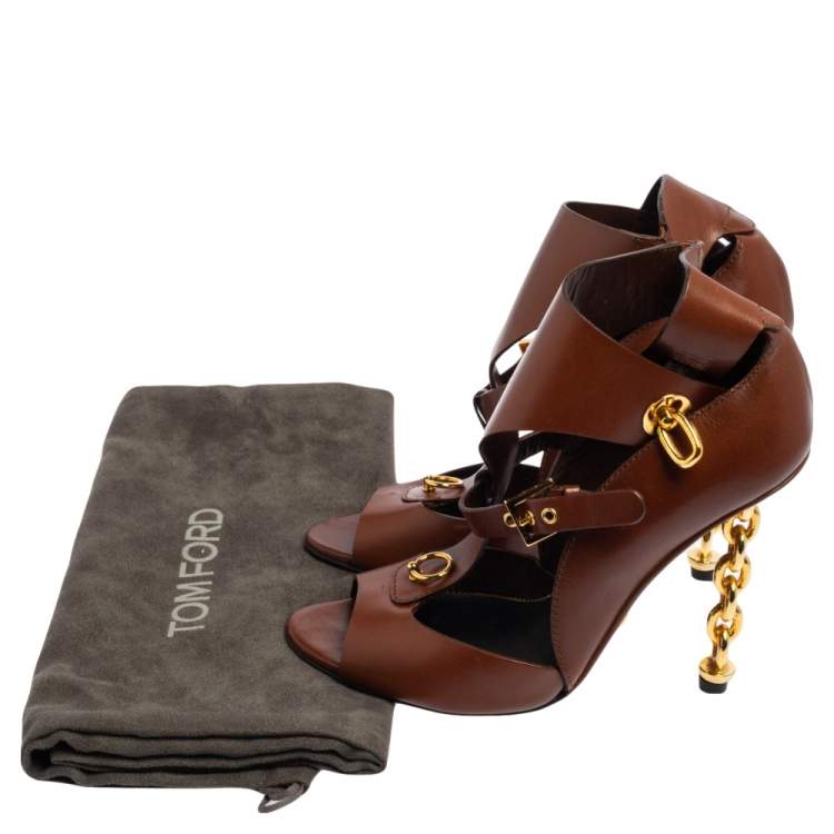 Pre Owned Tom Ford Brown Cut Out Leather Chain Link Heel Sandals Size 37.5