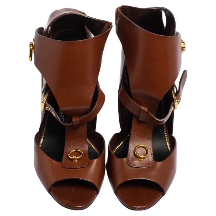 Pre Owned Tom Ford Brown Cut Out Leather Chain Link Heel Sandals Size 37.5
