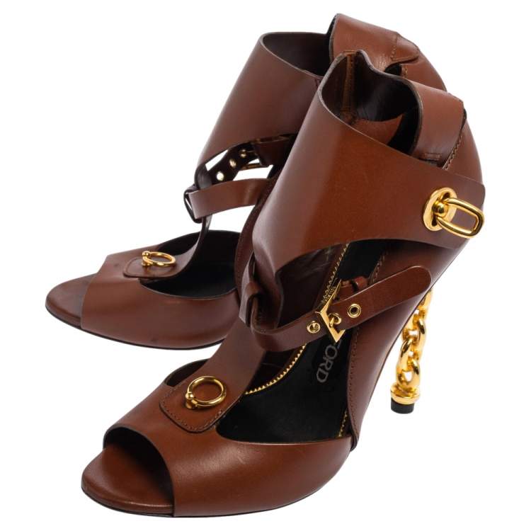 Pre Owned Tom Ford Brown Cut Out Leather Chain Link Heel Sandals Size 37.5