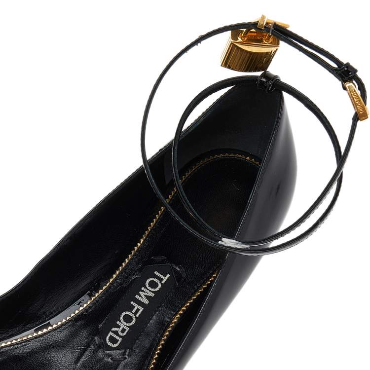 Pre Owned Tom Ford Black Patent Leather Padlock Ankle Strap Ballet Flats Size 37