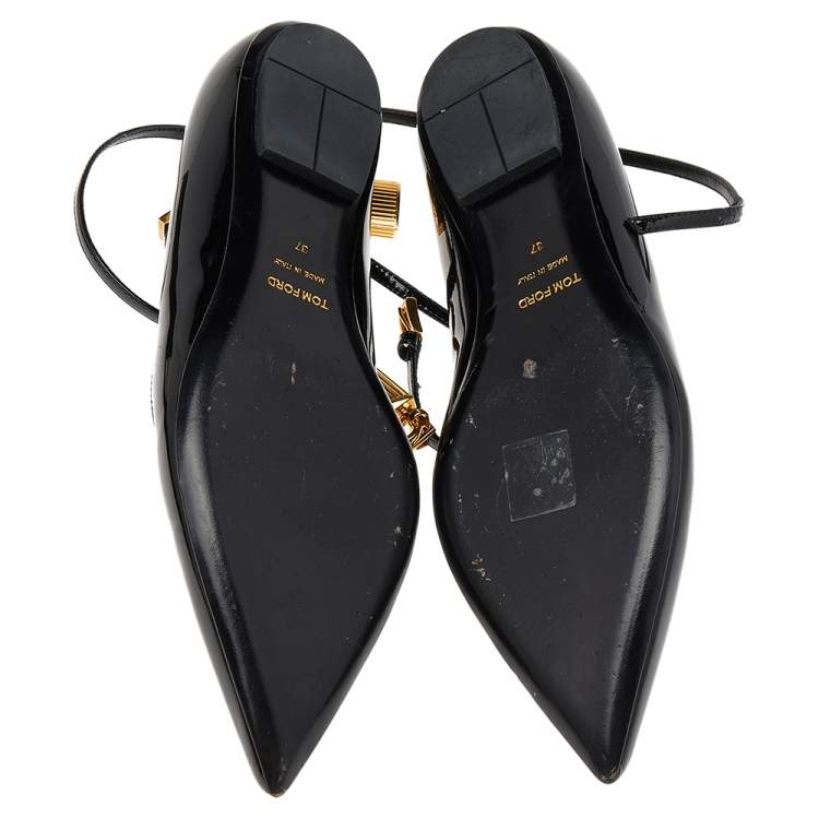 Pre Owned Tom Ford Black Patent Leather Padlock Ankle Strap Ballet Flats Size 37