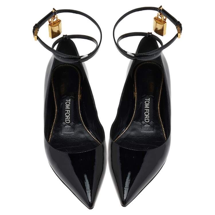 Pre Owned Tom Ford Black Patent Leather Padlock Ankle Strap Ballet Flats Size 37