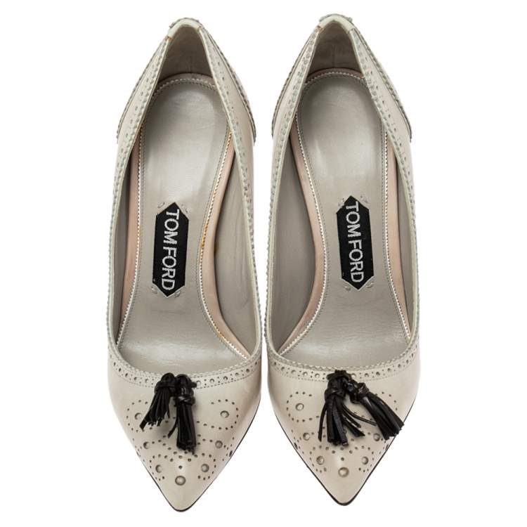 Pre Owned Tom Ford Soft Green Brogue Leather Pointed Toe Tassel Pumps Size 37