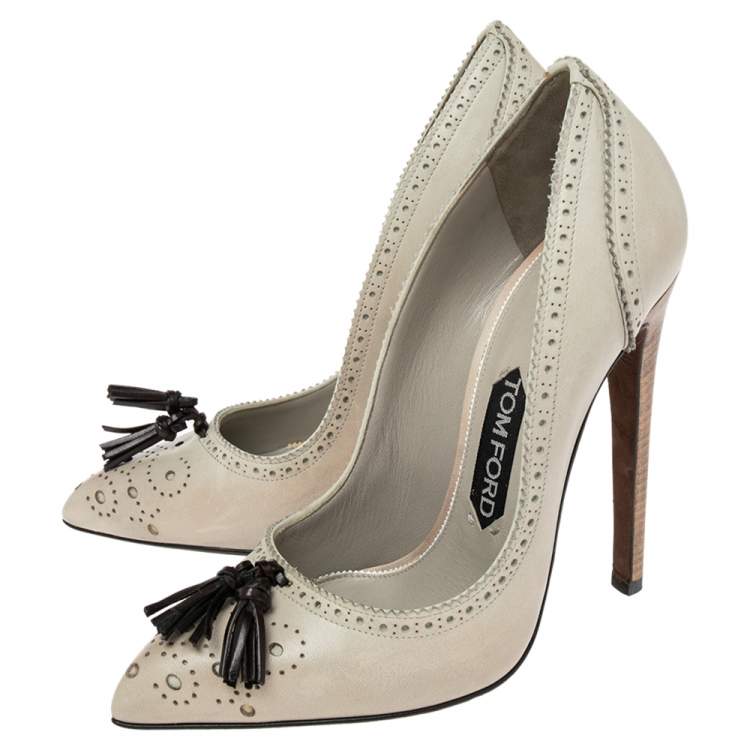 Pre Owned Tom Ford Soft Green Brogue Leather Pointed Toe Tassel Pumps Size 37