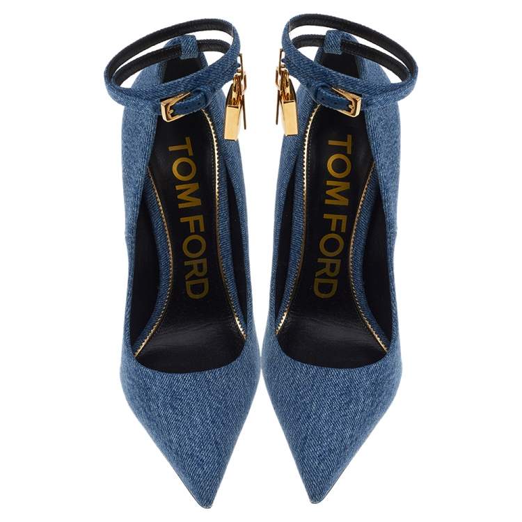 Pre Owned Tom Ford Blue Denim Padlock Ankle Strap Pointed Toe Pumps Size 37