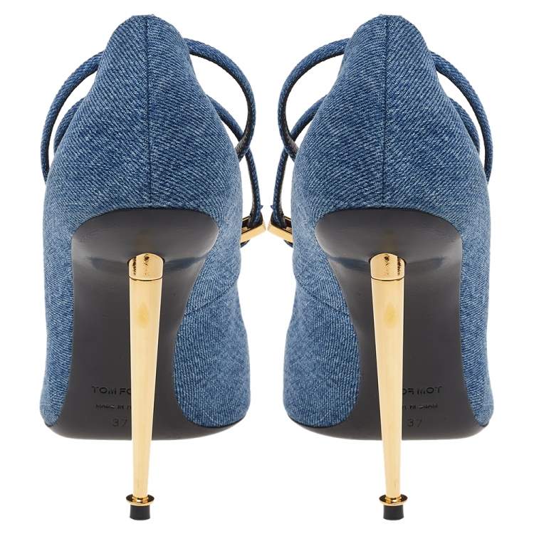 Pre Owned Tom Ford Blue Denim Padlock Ankle Strap Pointed Toe Pumps Size 37
