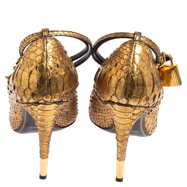 Pre Owned Tom Ford Gold Python Padlock Pumps Size 36