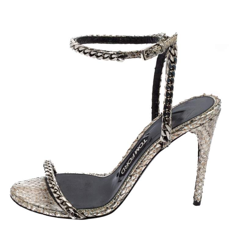 Pre Owned Tom Ford Metallic Silver Python Leather Chain Embellished Ankle Strap Open Toe Sandals Size 37