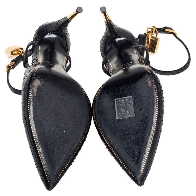 Pre Owned Tom Ford Black Python Padlock Ankle Strap Sandals Size 40.5 