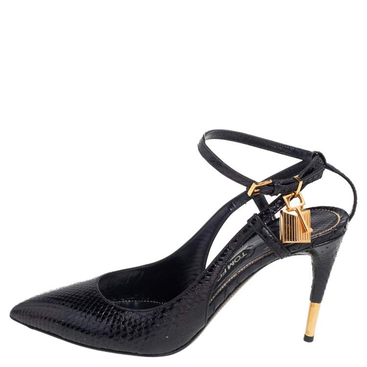 Pre Owned Tom Ford Black Python Padlock Ankle Strap Sandals Size 40.5 